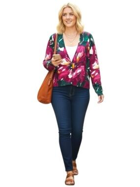Lane Bryant Pink Green Flora Knit Cardigan Cotton Sweater 26-28 Feminine Layer